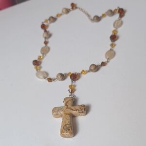Artisan Stone Cross Necklace with Earthy Tones